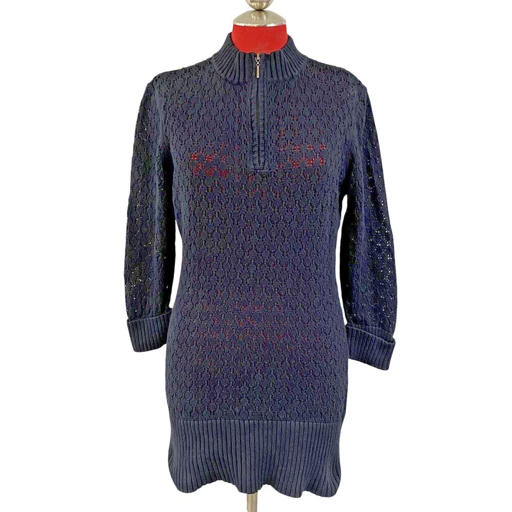Adolfo Black M Lacy Knit Tunic Sweater Mini Dress Quarter Zip Ribbed Hem Cotton